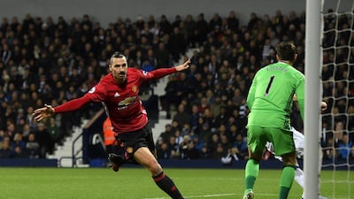 Zlatan Ibrahimovic of Manchester United celebrates scoring his side’s first goal. Stu Forster / Getty Images