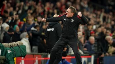 Manchester United's manager Ralf Rangnick celebrates after Marcus Rashford scored the winner against West Ham at Old Trafford. AP