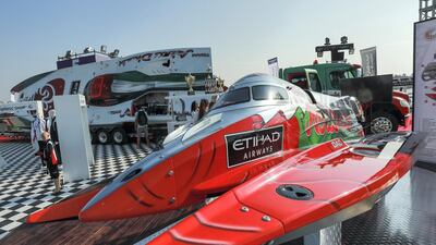 Team AUH Etihad Airways' F1 Power boats on display at the boat show.