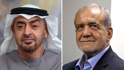 President Sheikh Mohamed and Masoud Pezeshkian, President of Iran. AFP