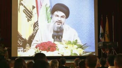 Sayyed Hassan Nasrallah, Lebanon's Hizbollah leader, speaks through a giant screen during a news conference in Beirut this week. Syria were to reach a peace deal with Israel, it would have serious implications for Hizbollah.