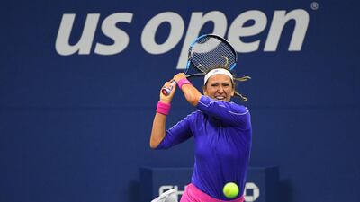 Victoria Azarenka hits a backhand against Elise Mertens during the US Open quarter-finals. Reuters