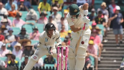 New Zealands wicketkeeper BJ Watling watches as Australia’s Marnus Labuschagne plays a shot. AFP