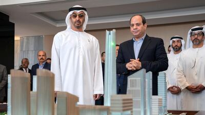 Sheikh Mohamed and President Sisi inspect projects at Al Alamein city. Rashed Al Mansoori / Ministry of Presidential Affairs