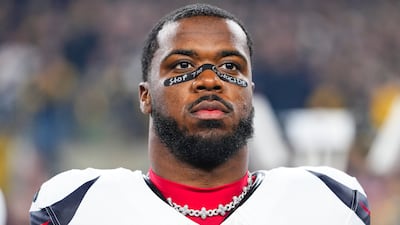 Azeez Al Shaair of the Houston Texans wears 'stop the genocide' on his eye black before a game against Pittsburgh Steelers in January 2026. Getty Images