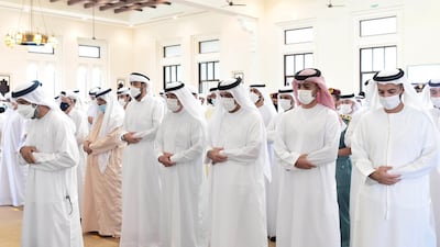 Sheikh Saud bin Rashid Al Mualla, Ruler of Umm Al Quwain and Sheikh Saud bin Saqr Al Qasimi, Ruler of Ras Al Khaimah perform funeral prayers for the late Sheikha Shamsa bint Majid, wife of the late Sheikh Rashid bin Ahmed Al Mu'alla. Wam