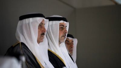 Saqr Ghobash, speaker of the Federal National Council, left, Sheikh Omar bin Zayed Al Nahyan, deputy chairman of the board of Zayed bin Sultan Al Nahyan Charitable and Humanitarian Foundation, centre, and Sheikh Khaled bin Zayed, chairman of the board of Zayed Higher Organisation for Humanitarian Care and Special Needs. Hamad Al Kaabi / UAE Presidential Court