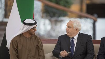 Sheikh Mohammed bin Zayed, Crown Prince of Abu Dhabi and Deputy Supreme Commander of the Armed Forces, meets with Frederick Smith, president and chief executive of FedEx Corporation, at Al Bahar Palace on Tuesday. Wam