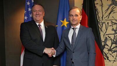 US Secretary of State Mike Pompeo (left) and German Foreign Minister Heiko Maas shake hands ahead of a bilateral meeting at the 56th Munich Security Conference (MSC) in Munich, Germany. EPA
