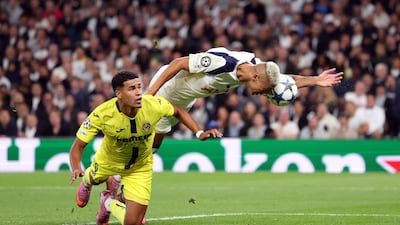 Richarlison of Tottenham Hotspur misses a headed chance during the UEFA Champions League 2025/26 League Phase MD1 match against Villarreal CF at Tottenham Hotspur Stadium in London. Getty