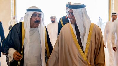 Sheikh Meshal was bid farewell by Sheikh Mansour at the end of his visit. Hamad Al Kaabi / UAE Presidential Court