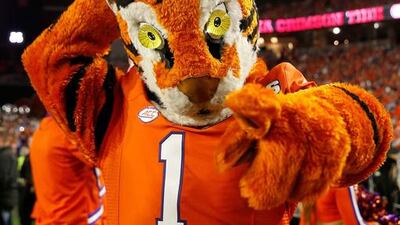 The Clemson Tigers mascot The Tiger cheers during the 2016 College Football Playoff National Championship Game Alabama Crimson Tide at University of Phoenix Stadium on January 11, 2016 in Glendale, Arizona. Christian Petersen/Getty Images/AFP