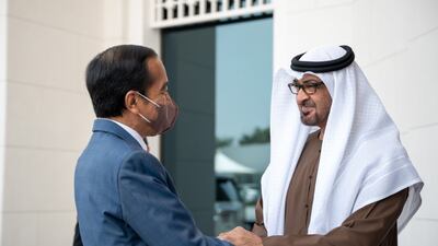 Sheikh Mohamed bin Zayed, Crown Prince of Abu Dhabi and Deputy Supreme Commander of the Armed Forces, with Joko Widodo, President of Indonesia during the latter's visit to the UAE in November. Photo: Ministry of Presidential Affairs