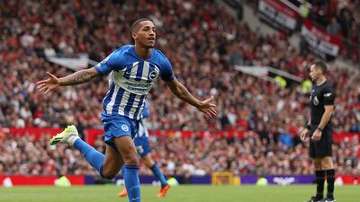 Joao Pedro of Brighton & Hove Albion celebrates after scoring his team's third goal against Manchester United in the Premier League game at Old Trafford on September 16, 2023. Getty