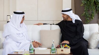 President Sheikh Mohamed receives Bahrain's Foreign Minister Dr Abdullatif bin Rashid Al Zayani at Qasr Al Bateen in Abu Dhabi on Wednesday. Photo: Presidential Court