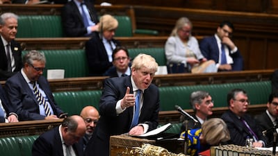 British Prime Minister Boris Johnson addresses parliament on the Commonwealth Heads of Government meeting, G7 and NATO summits, at the House of Commons in London, Britain July 4. UK Parliament/ Reuters