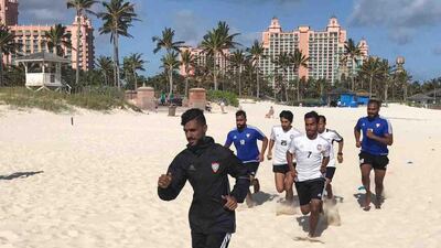 The UAE beach soccer team train near the Atlantis Paradise Island hotel in Nassau, Bahamas, ahead of the Fifa Beach Soccer World Cup. Gary Meenaghan for The National