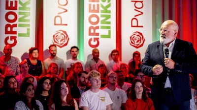 Frans Timmermans speaks at the meeting with party members of Groenlink and the Labour Party (PvdA), in The Hague on Tuesday. EPA