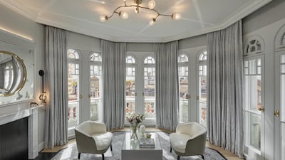 The Turret suite living room at the Mandarin Oriental Hyde Park was designed by Joyce Wang. Courtesy Mandarin Oriental Hotel Group
