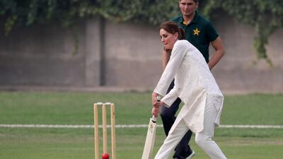 Catherine, Duchess of Cambridge plays cricket during her visit of the National Cricket Academy during day four of their royal tour of Pakistan on Thursday, October 17, 2019 in Lahore, Pakistan. Getty Images