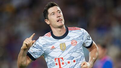Bayern Munich's Robert Lewandowski celebrates after scoring his first of a brace in the Champions League match against Barcelona at Camp Nou on Tuesday. EPA