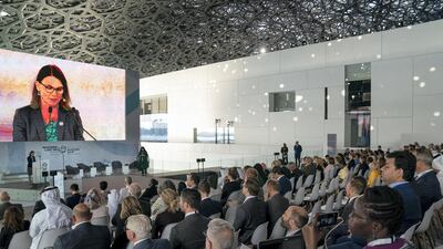 Birgit Pickel, Director, Federal Ministry for Economic Cooperation and Development in Germany, delivers a speech during the Reaching the Last Mile Forum. Eissa Al Hammadi for the Ministry of Presidential Affairs