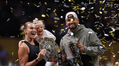 Aryna Sabalenka with Nick Kyrgios after their Battle of the Sexes exhibition match in Dubai. AP