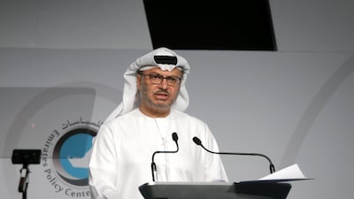 Dr Anwar Gargash, Minister of State for Foreign Affairs, delivers a speech at the Abu Dhabi Strategic Debate on Sunday. Navin Khianey for The National