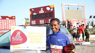 Ababel Yeshaneh after breaking the half marathon world record at the 2020 RAK Half Marathon. Courtesy RAK Half Marathon