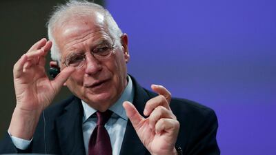 European Union foreign policy chief Josep Borrell addresses a video press conference at EU headquarters in Brussels AP