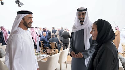 Sheikh Abdullah bin Zayed, Minister of Foreign Affairs and International Co-operation and Sheikh Shakhbout bin Nahyan, then Ambassador to Saudi Arabia, at the 2018 Formula E Saudi Ad Diriyah E Prix. Image: Mohamed Al Hammadi / Ministry of Presidential Affairs