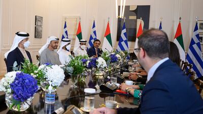 President Sheikh Mohamed; Sheikh Mansour bin Zayed, Deputy Prime Minister and Minister of Presidential Affairs; Sheikh Zayed bin Mohamed; Ali Al Shamsi, deputy secretary general of the Supreme National Security Council; and Sulaiman Al Mazroui, UAE Ambassador to Greece, attend a meeting at the Maximos Mansion.