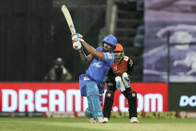 Shikhar Dhawan of Delhi Capitals plays a shot during the qualifier 2 match of season 13 of the Dream 11 Indian Premier League (IPL) between the Delhi Capitals and the Sunrisers Hyderabad at the Sheikh Zayed Stadium, Abu Dhabi in the United Arab Emirates on the 8th November 2020. Photo by: Vipin Pawar / Sportzpics for BCCI