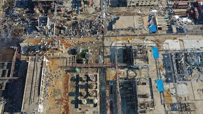 Damaged buildings are seen at the site of a factory explosion in a chemical industrial park in Xiangshui County of Yancheng. Xinhua via AP