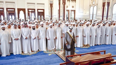 Hundreds perform funeral prayers for Sheikh Mansour bin Ahmed, the nephew of the Dubai Ruler. Wam
