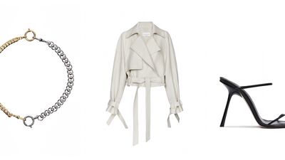 From left, a chain necklace, crop jacket and inclined heel from the Mango and Victoria Beckham collection, now available in-store and online in the UAE. Photo: Mango x VB