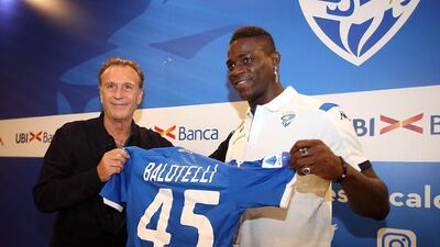 Mario Balotelli poses with Brescia president Massimo Cellino after signing for his hometown club in August. EPA