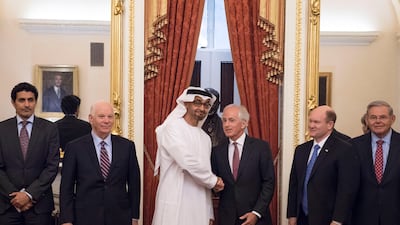 Leading senators have called Mr Cardin, pictured with Sheikh Mohamed, 'a tireless proponent for peace in the Middle East'. Rashed Al Mansoori / Crown Prince Court Abu Dhabi