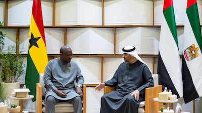 President Sheikh Mohamed receives John Dramani Mahama, President of Ghana, at the Abu Dhabi National Exhibition. All photos: Abdulla Al Bedwawi / UAE Presidential Court