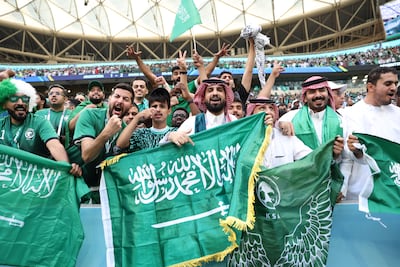 Saudi Arabia fans celebrate their team’s 2-1 victory over Argentina during a 2022 World Cup Group C match in Qatar. Getty Images