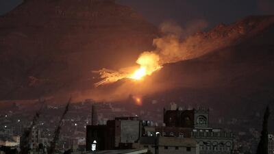 An air strike by the Saudi-led coalition hits a site believed to be one of the largest rebel weapons depots on the outskirts of Yemen’s capital, Sanaa, on October 14, 2016. Hani Mohammed / AP Photo