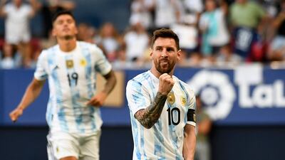 Argentina forward Lionel Messi celebrates after scoring his team's first goal at El Sadar stadium in Pamplona. AFP