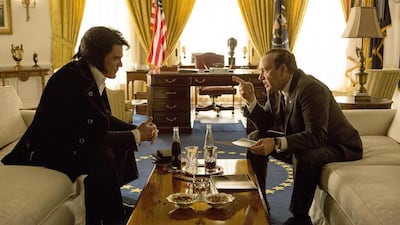 Elvis & Nixon stars Michael Shannon, left, as Elvis Presley, and Kevin Spacey as US president Richard Nixon. Steve Dietl / Bleecker Street via AP