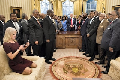 Donald Trump has brought back a Ronald Reagan-era rug, which he also used during his first term as US President, seen here in 2017. AFP