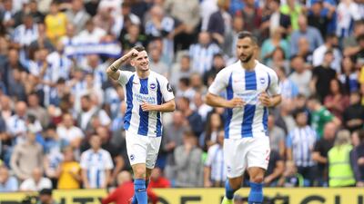 Pascal Gross of Brighton celebrates after scoring his team's third. Getty