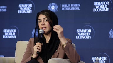 Reem Al Hashimy, UAE Minister of State for International Co-operation, at the Semafor World Economy 2026 summit in Washington. AFP