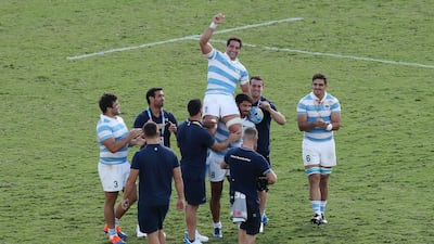 Juan Manuel Leguizamon of Argentina is lifted by his team mates as he played the final international game after the Rugby World Cup 2019 Group C game between Argentina and USA at Kumagaya Rugby Stadium in Kumagaya, Saitama, Japan. Getty Images