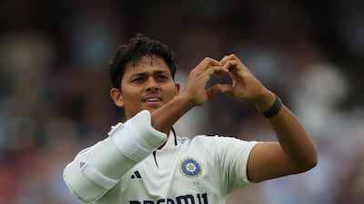 India's Yashasvi Jaiswal celebrates after reaching his century against England at The Oval. Reuters