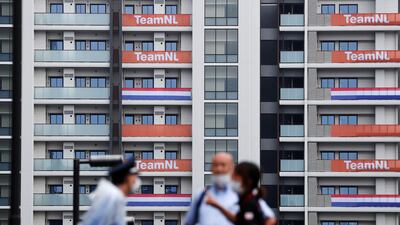 Netherlands' flags and banners are displayed at the Olympic Village.