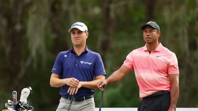 Justin Thomas and Tiger Woods on the seventh tee during the first round of the PNC Championship. AFP
